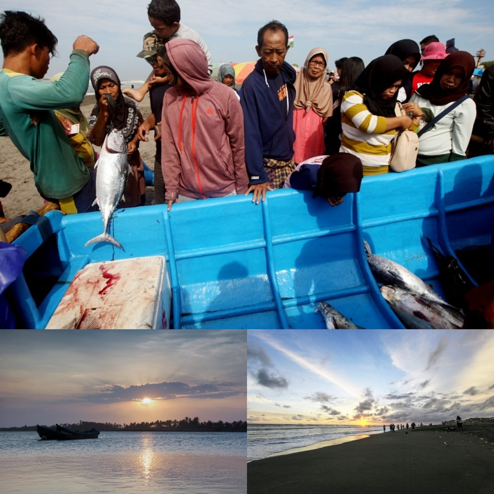 Kolase suasana Pantai Depok dari ramai pengunjung membeli ikan sampai pemandangan indah di tempat tersebut.  (bantulkab.go.id)