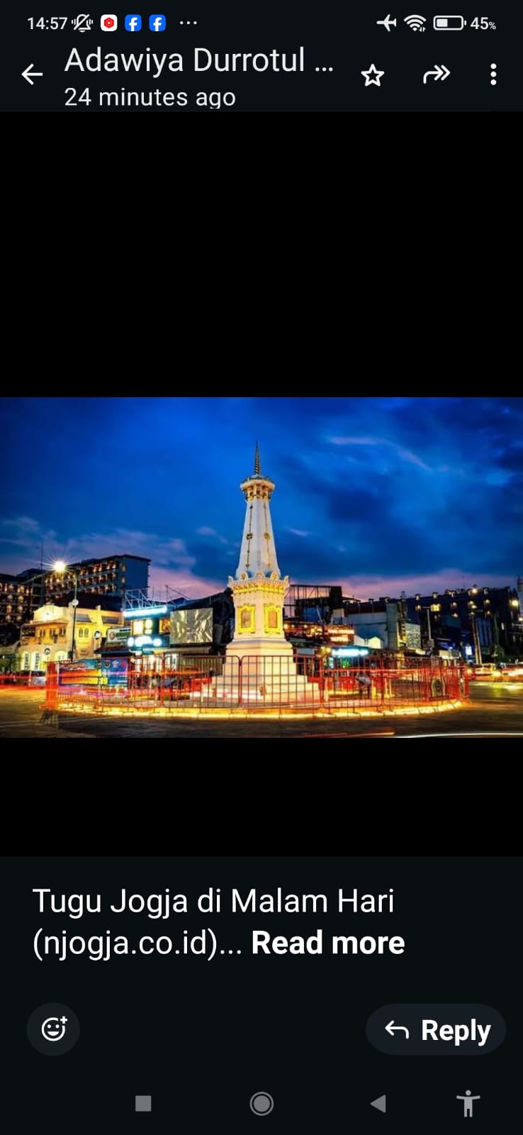 Tugu Jogja di Malam Hari.   (njogja.co.id)