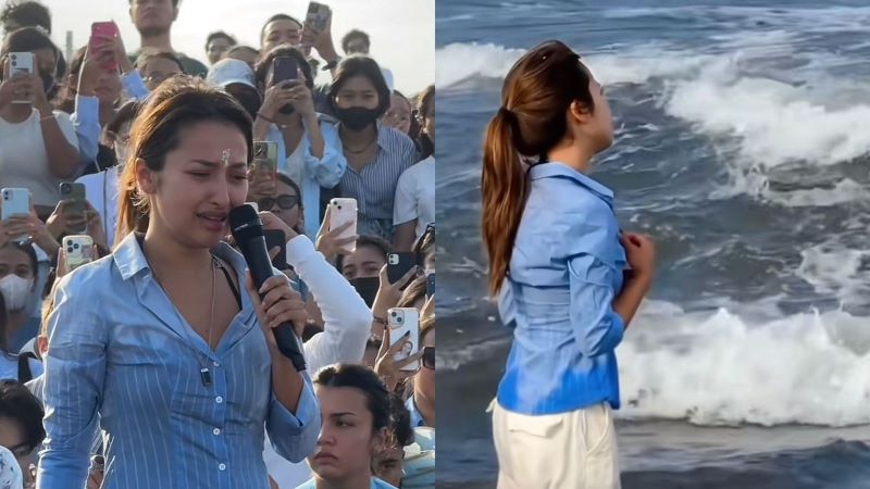 Jennifer Coppen saat larung abu kremasi jenazah Dalli Wassink, suaminya, di Pantai Lembeng, Bali.