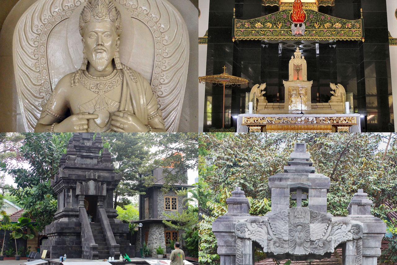 Sosok Yesus dalam busana raja Jawa, altar gereja, candi dan gapura dari Gereja Ganjuran. (foto: Wikipedia)
