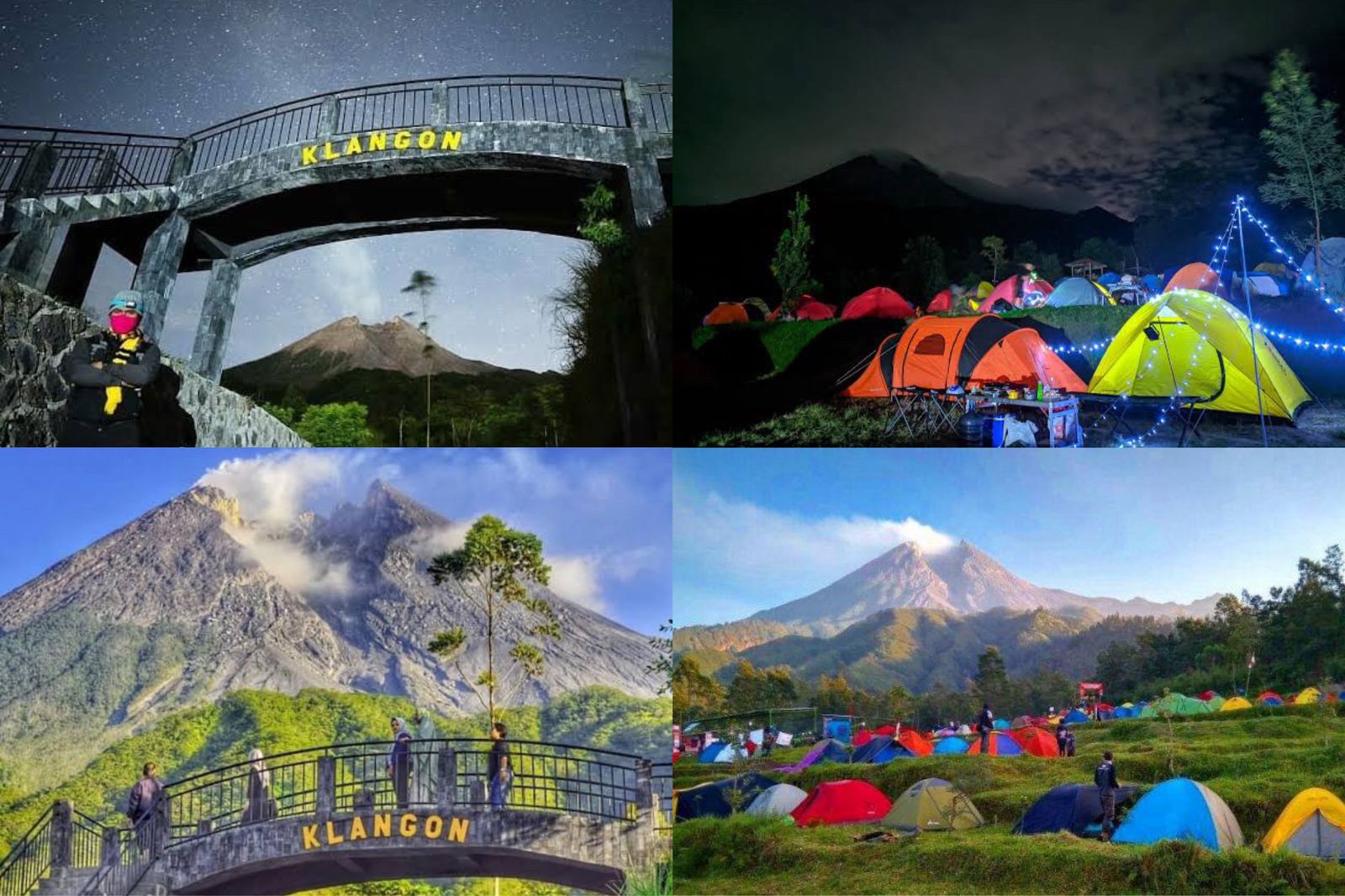 Pesona menakjubkan Bukit Klangon pada siang dan malam hari. (foto: Google/ kataomed.com, jejakpejalankaki.com, glagaharjosid.slemankab.go.id, visitingjogja.jogjaprov.go.id,)
