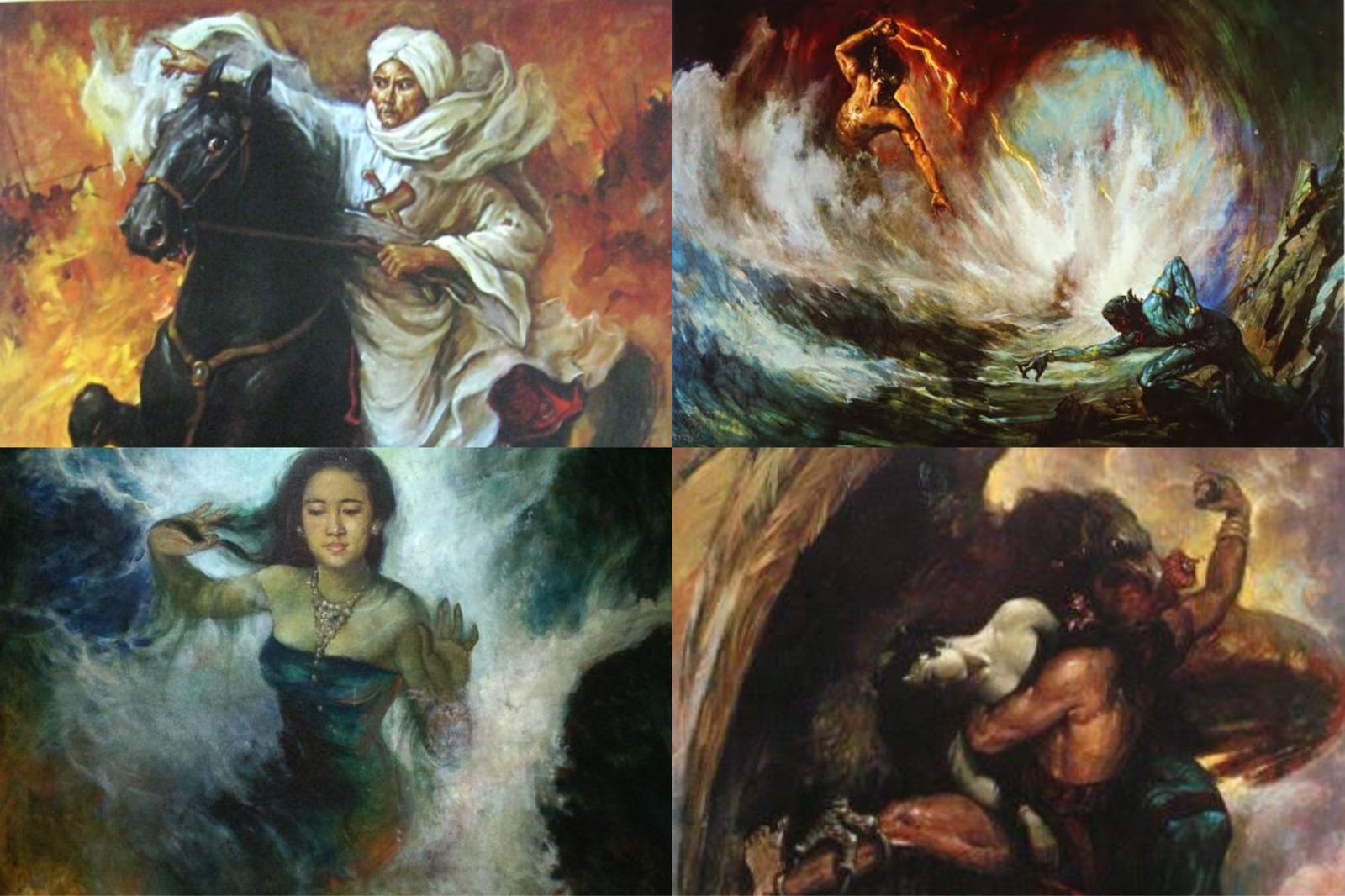 Lukisan-lukisan karya Basoeki Abdullah: Pangeran Diponegoro, Pertempuran Gatot Kaca dan Antasena, Nyi Roro Kidul, dan Jatayu dan Rahwana Memperebutkan Shinta