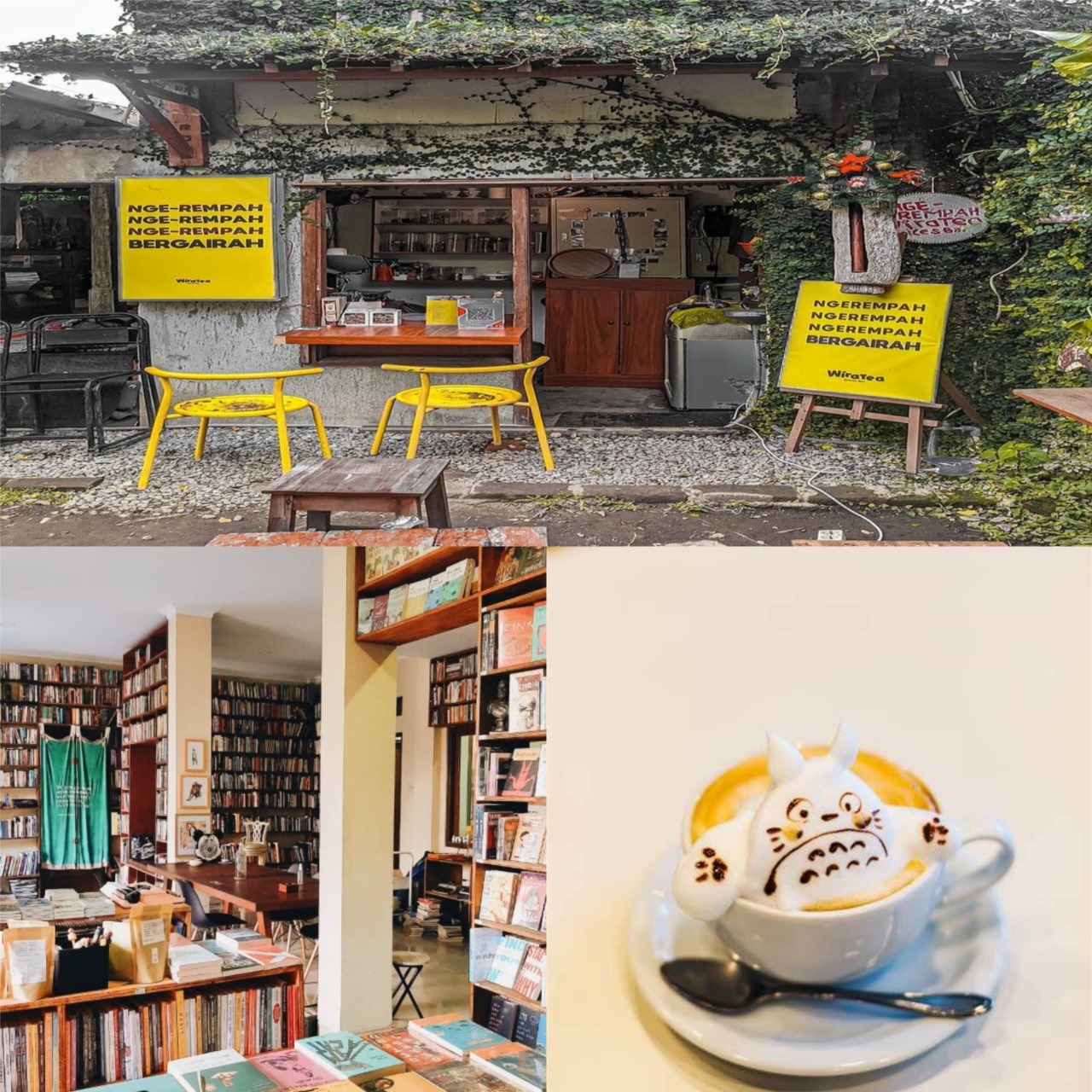 Coffee shop hingga toko buku  dengan nuansa Ghibli Studio.   (Kolase berbagai sumber)