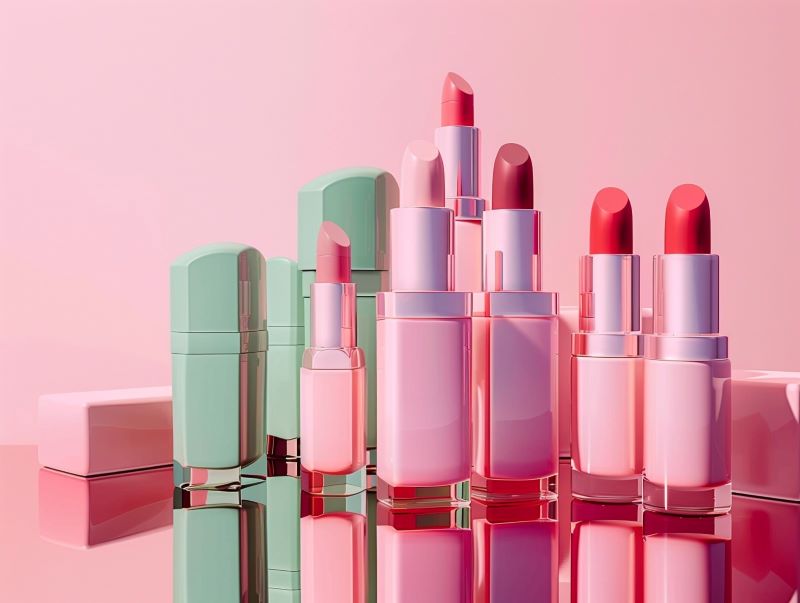 Ilustrasi lip stick dengan beberapa warna dan background pink.
