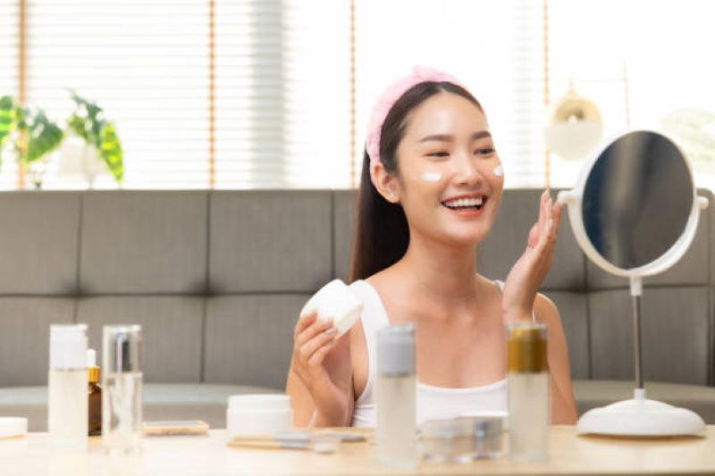 wanita sedang memakai produk perawatan wajah sumber : pixabay