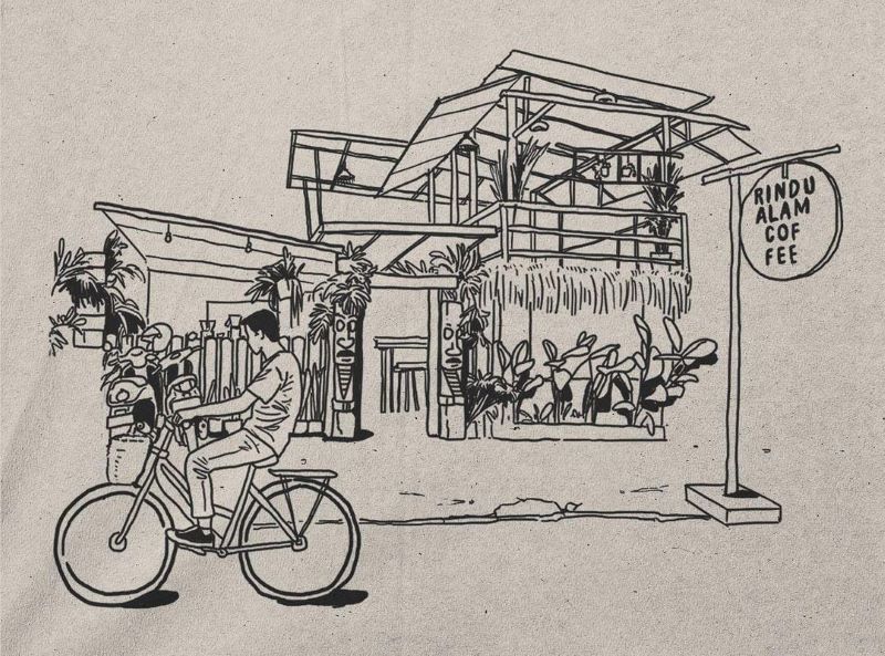 Ilustrasi cafe yang berada di tepi danau.