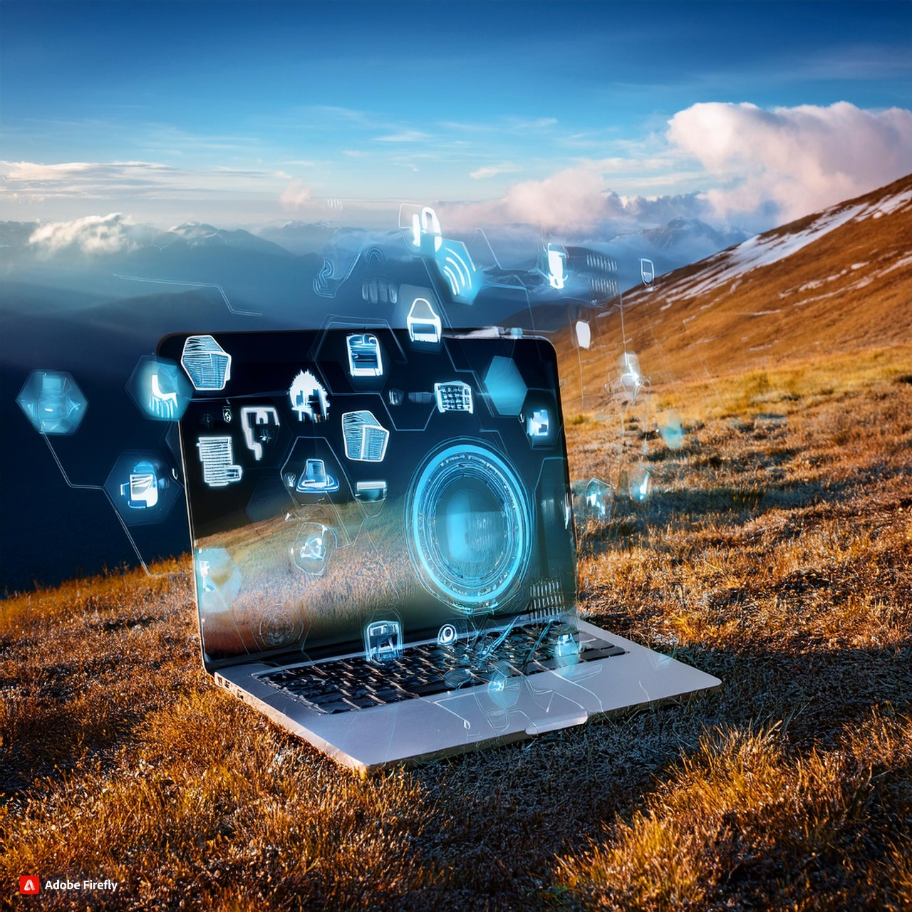 Foto Laptop dengan penuh Teknologi  Sumber: (AI/ firefly.adobe.com)