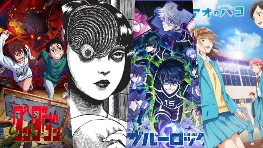 Poster anime Dandadan, Uzumaki, Blue Lock Season 2, Blue Blox.