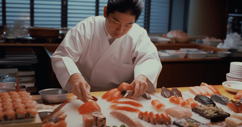 Ilustrasi seorang chef sedang menyiapkan hidangan omakase.