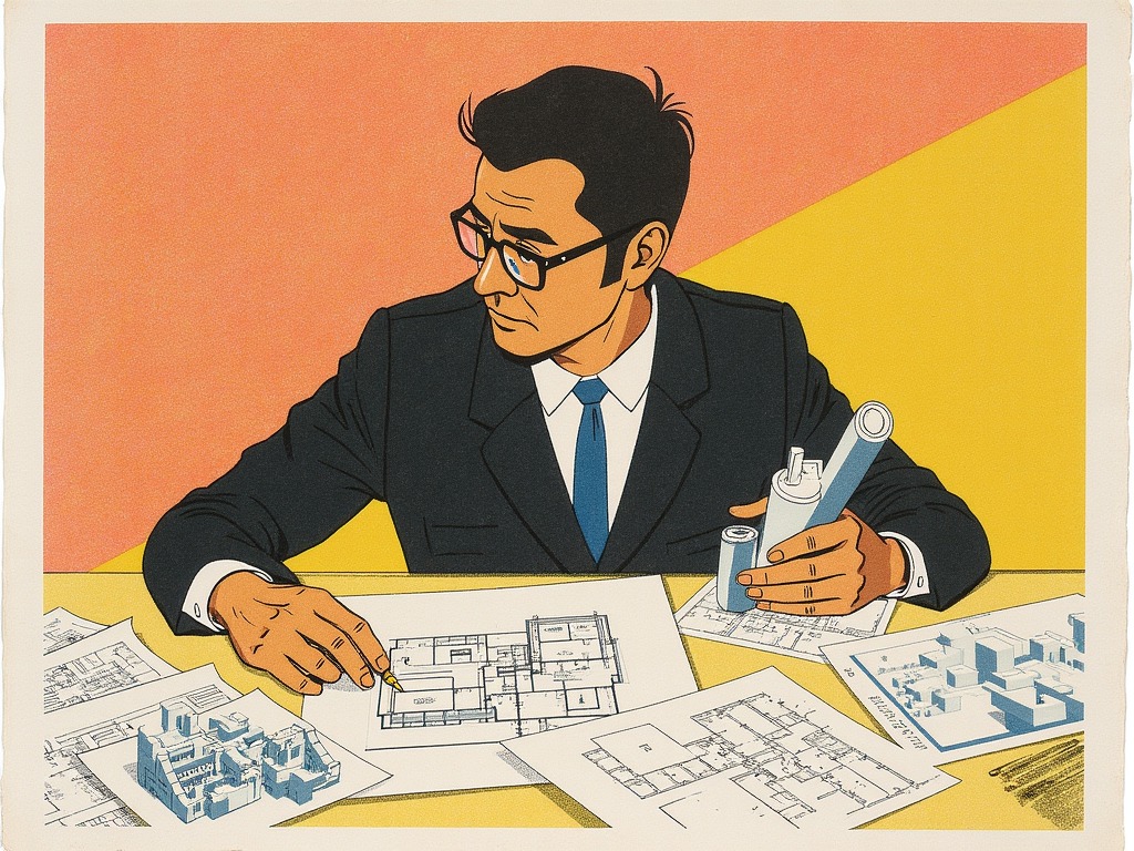 Ilustrasi seorang arsitek yang sedang menggambar bangunan rumah.