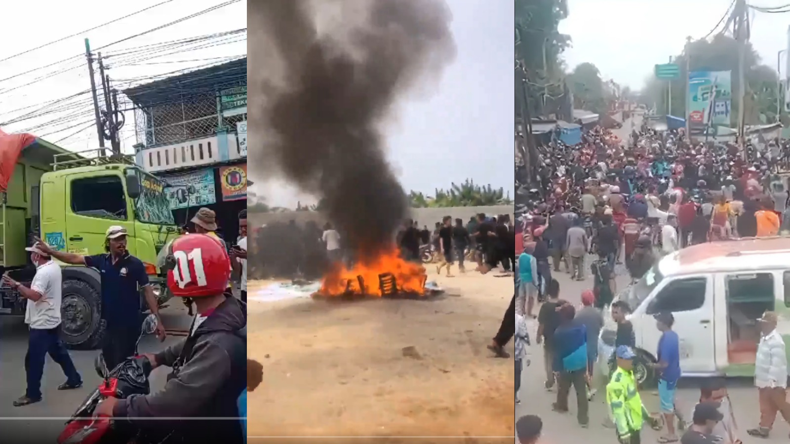Massa melakukan pengerusakan dan membakar truk yang melindas bocah 9 tahun.