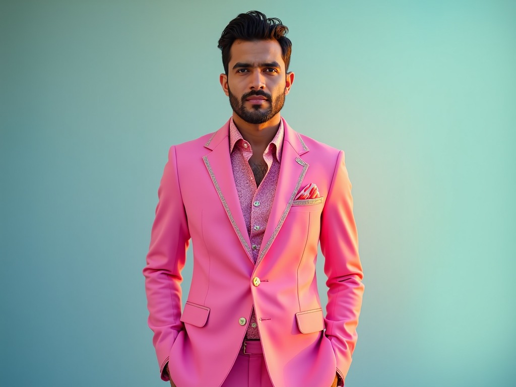 Seorang pria mengenakan setelan jas warna pink.
