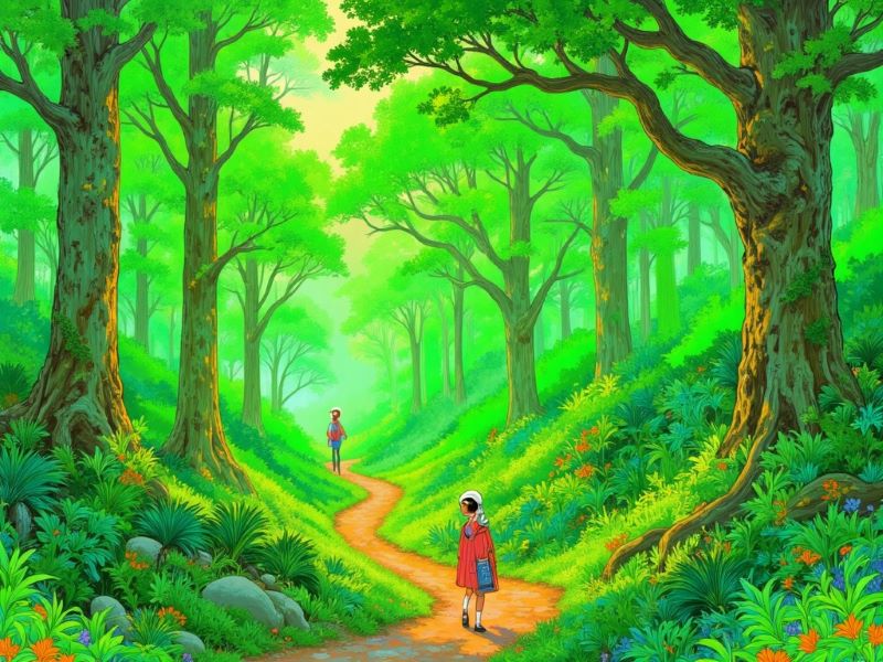 Ilustrasi hutan yang dominan dengan warna hijau sebagai warna alam.