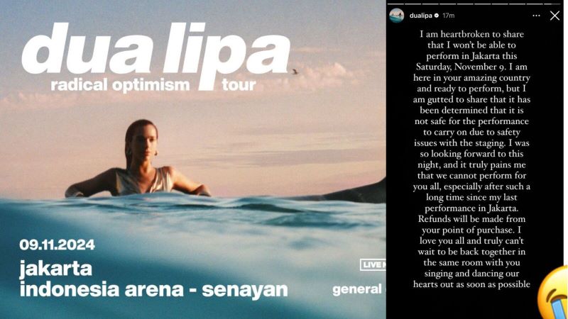 Poster Konser Dua Lipa dan tangkapan layar statement Dua Lipa.