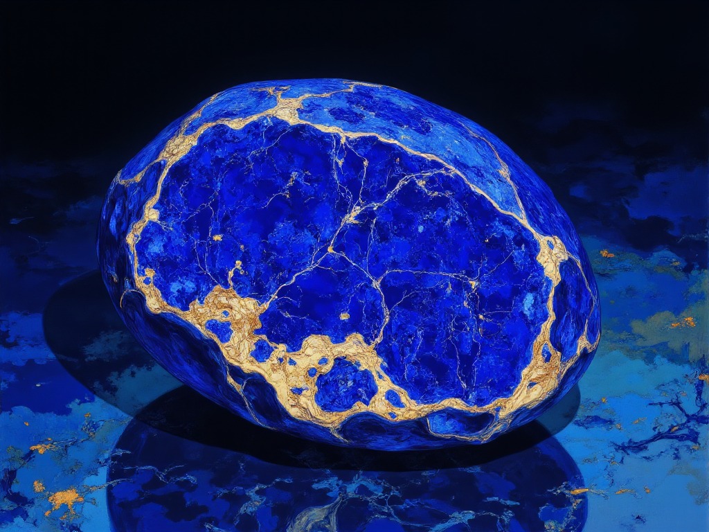 Ilustrasi batu lapis lazuli yang dihiasi dengan bintik emas dan inklusi pirit.