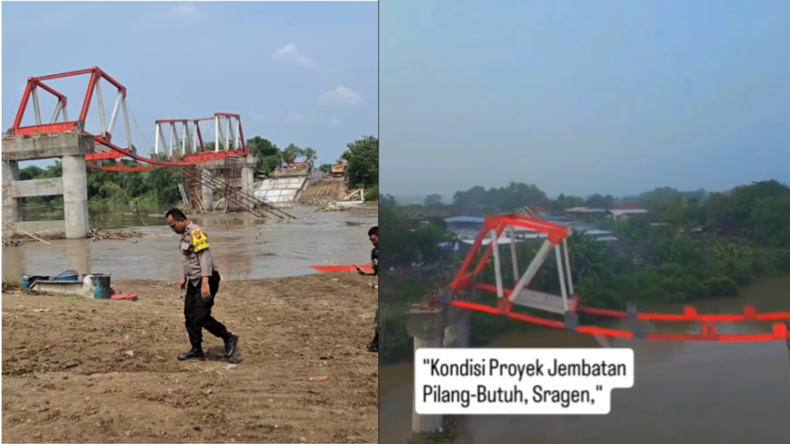 Kondisi Proyek Jembatan Pilang-Butuh, Sragen.  (Kiri/AHMAD KHAIRUDIN/RADAR SOLO, Kanan/X/@Jateng_Twit)