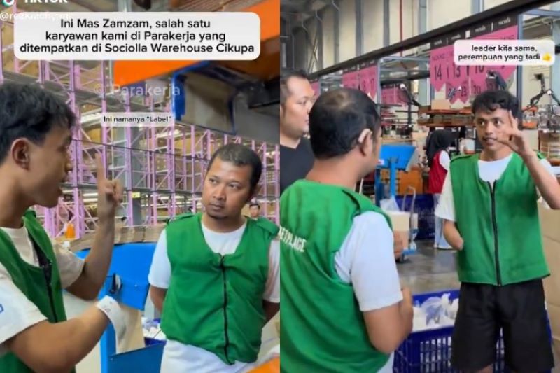 Seorang penyandang disabilitas bernama Zamzam memberikan training kepada karyawan tuli di Sociolla Warehaouse Cikupa.