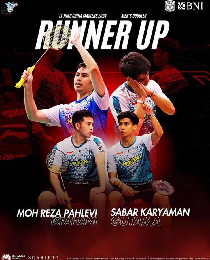 Ganda putra Indonesia Sabar Karyaman Gutama/Moh Reza Pahlevi Isfahani menjadi runner up China Masters 2024 setelah kalah dari pasangan Korea Selatan Jin Yong/Seo Seung Jae dengan skor 16-21 dan 16-21.