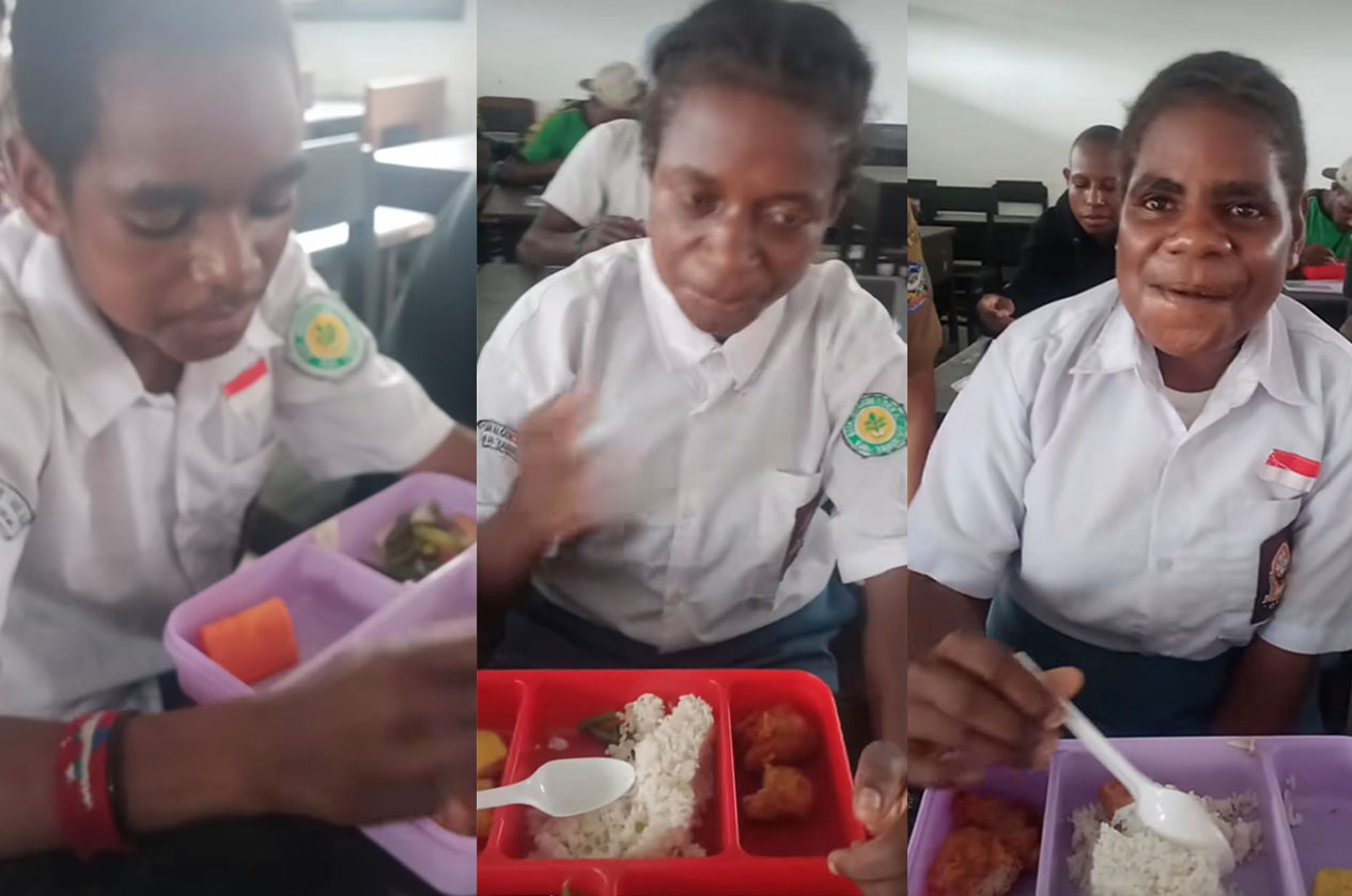 Suasana murid SMA di Papua menikmati menu makan bergizi gratis (MBG) program pemerintah.