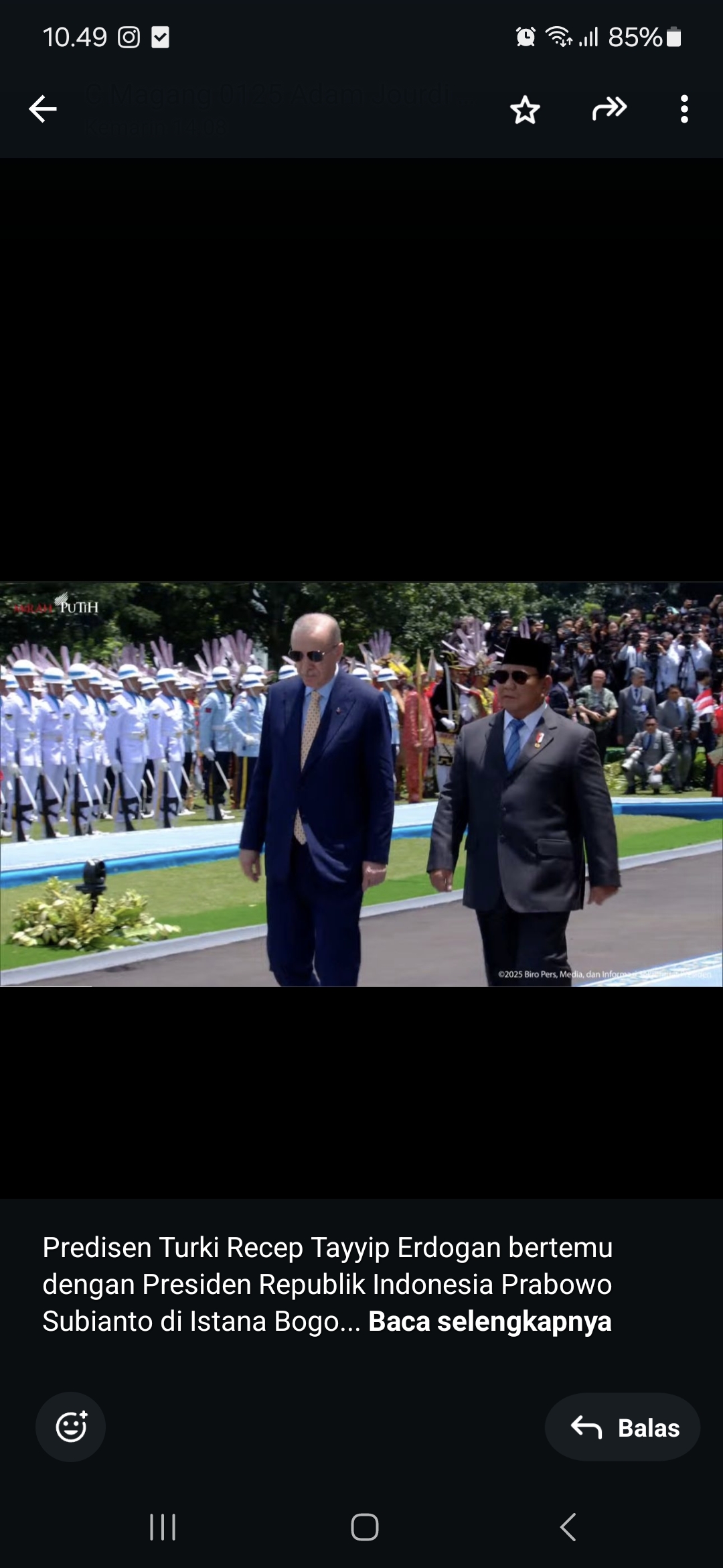 Presiden Turki Recep Tayyip Erdogan bertemu dengan Presiden Republik Indonesia Prabowo Subianto di Istana Bogor.