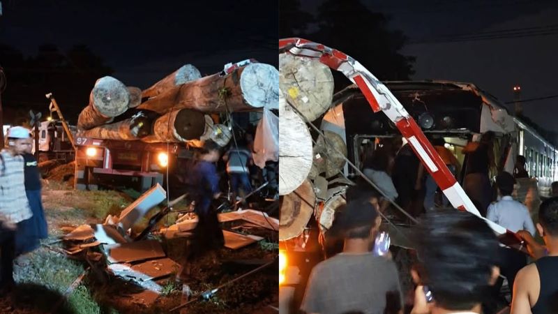 Kecelakaan antara KA commuter line dan truk kayu di Gresik.