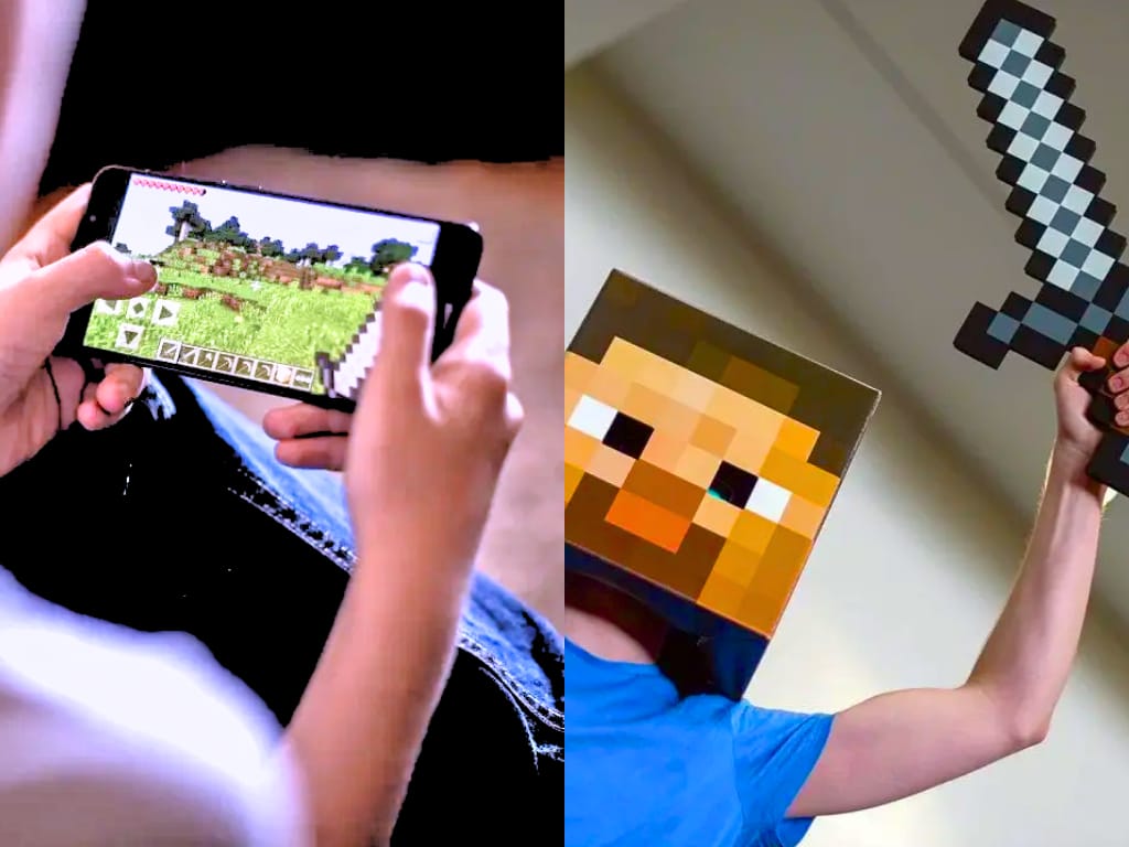 Kolase foto anak yang fokus bermain Minecraft dan anak yang berpose seolah dirinya karakter Minecraft dengan membawa pedang mainan (Foto: Lamy BBC News / bbc.com)