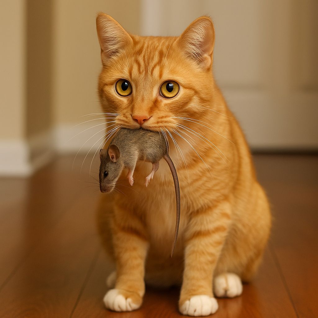 Ilustrasi kucing membawa bangkai tikus.