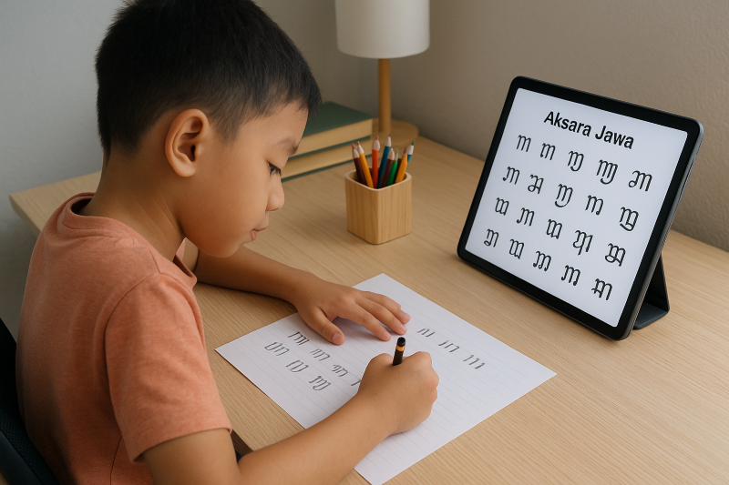 Seorang anak belajar aksara jawa