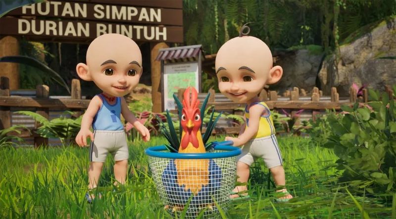 Upin dan Ipin menangkap Rembo di Hutan Simpan Durian Runtuh, salah satu aktivitas seru dalam game Upin & Ipin Universe.