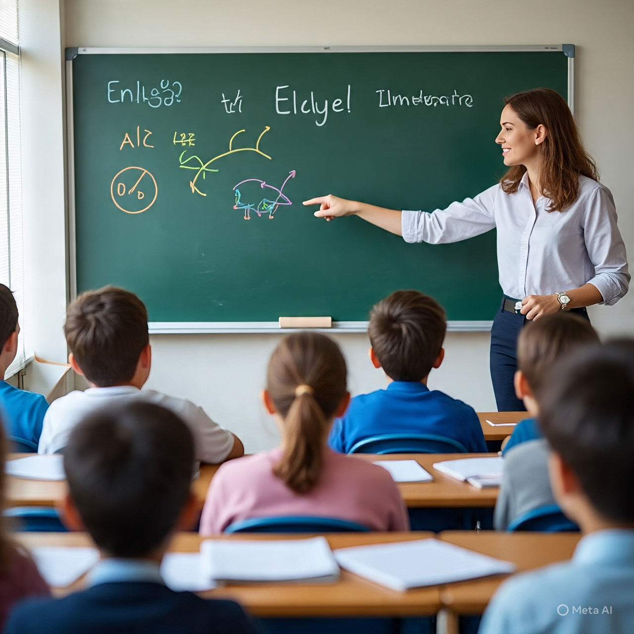 Ilustrasi guru mengajar menggunakan bahasa inggris di kelas.