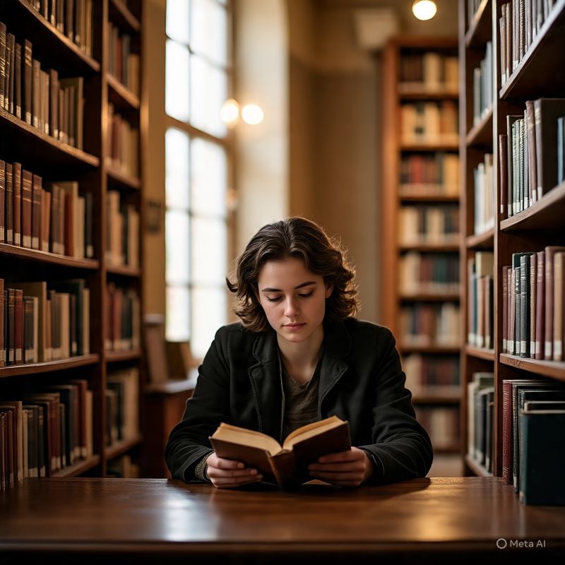 Perempuan sedang membaca buku di perpustakaan.