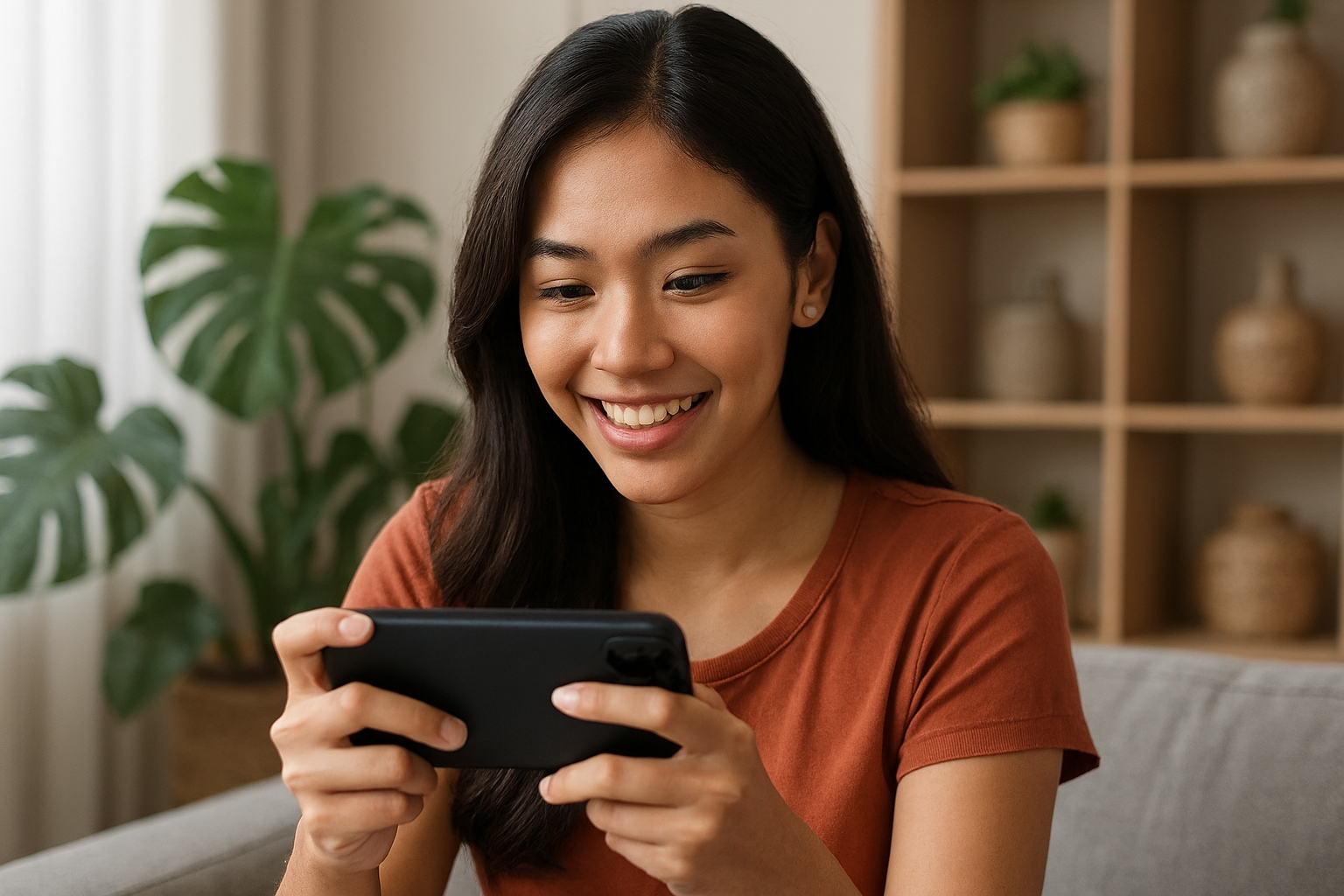 Ilustrasi seorang perempuan sedang memainkan game di handphone.