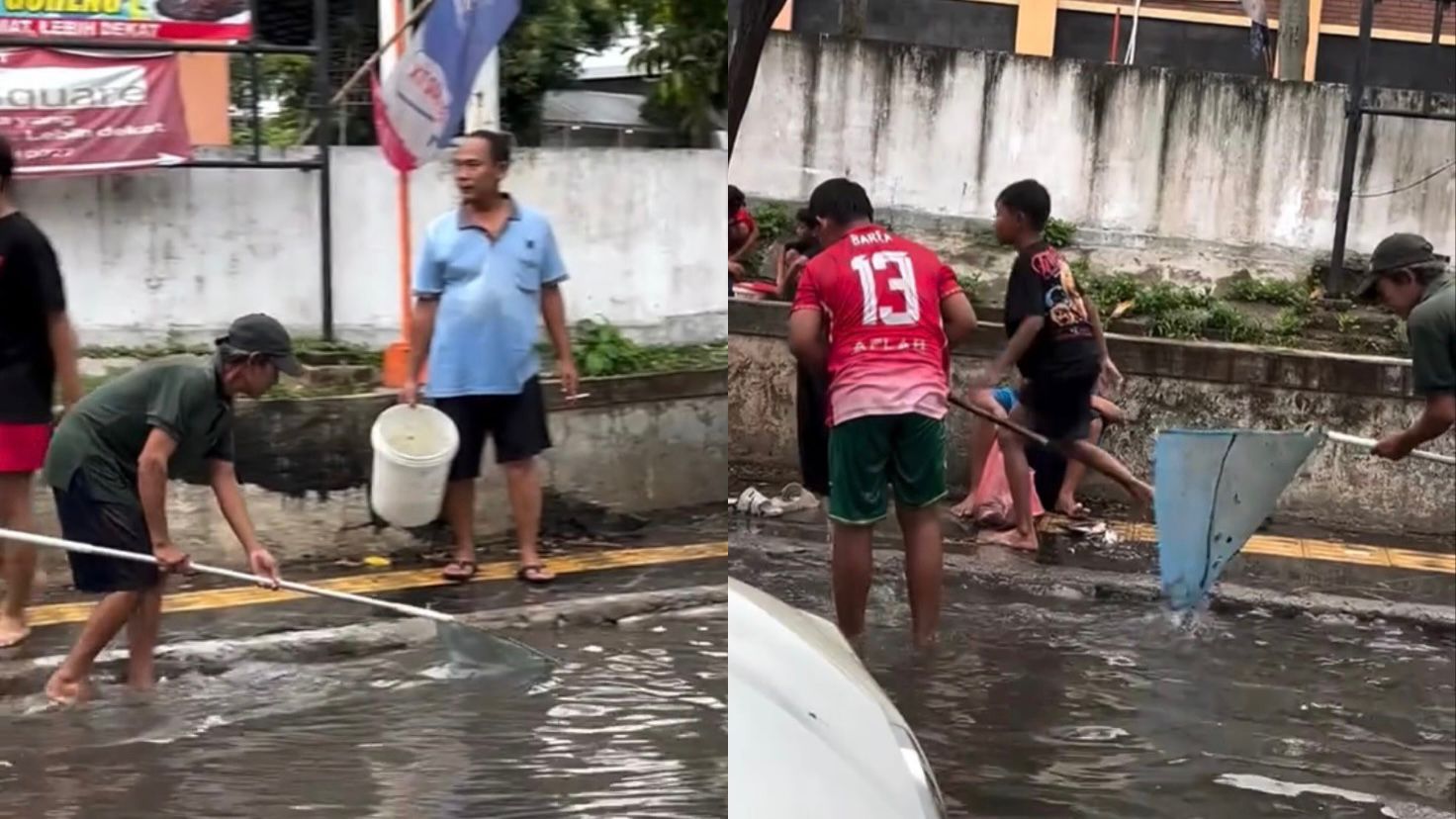 Ilustrasi Warga Yogyakarta Mengambil Ikan di Jalan Akibat Banjir.