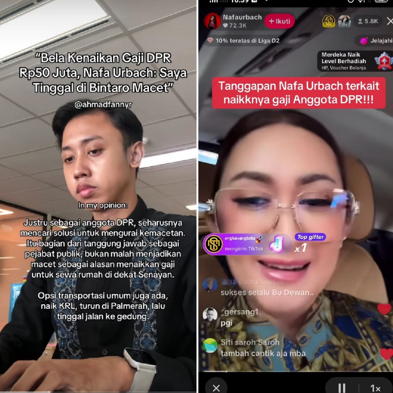 Postingan akun TikTok @ahmadfannyr yang menyoroti pernyataan Nafa Urbach