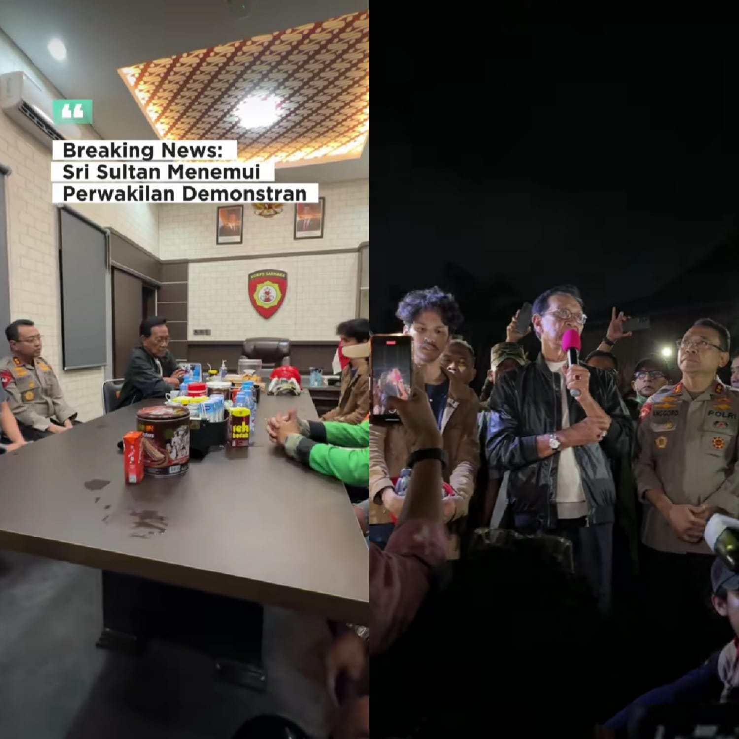 Hamengku Buwono X saat berada di Mapolda DIY dan saat menemui pendemo, Sabtu (30 /8/2025) dinihari.