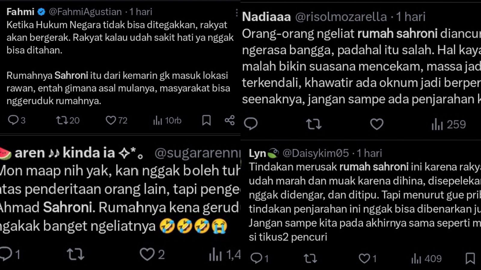 Reaksi netizen di X tentang penjarahan rumah Sahroni.