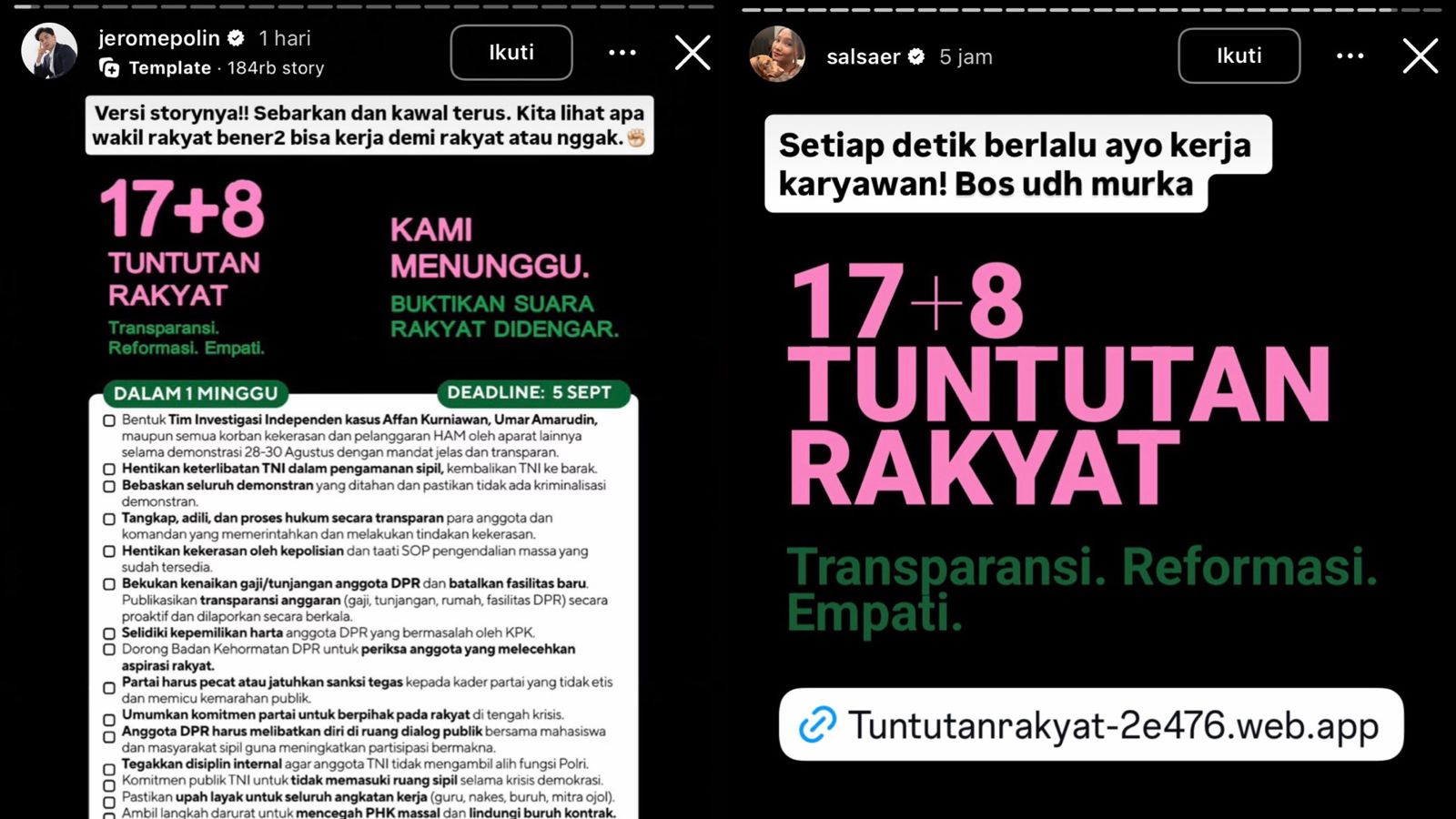 Aksi "Tuntutan Rakyat" yang digagas oleh dua influencer, Jerome Polin dan Salsa Erwina.