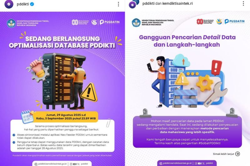 Pddikti mengumumkan proses optimalisasi database serta kendala pencarian data mahasiswa.