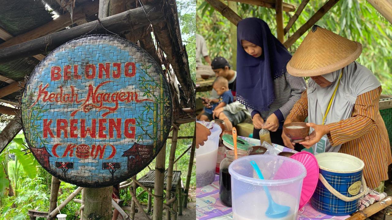 Pedagang yang menggunakan lurik dan melayani pembeli dengan ramah.