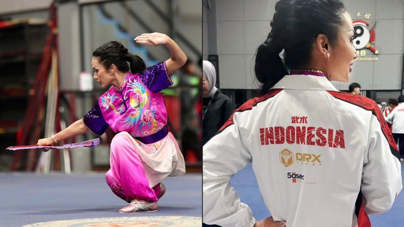 Krisdayanti saat menjalani latihan intensif Wushu menjelang Kejuaraan Dunia di Emeishan, Tiongkok.