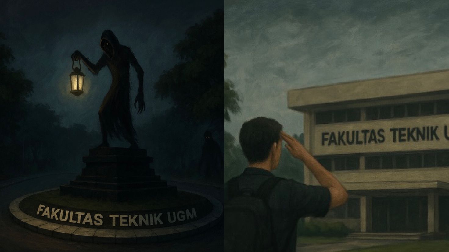 Ilustrasi Lagu Gugur Bunga di Bundaran Teknik UGM, Konon Bisa Memanggil Makhluk Halus. (Gemini AI)
