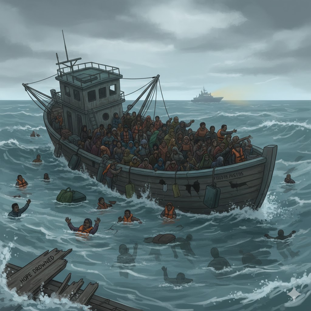 Ilustasi tenggelamnya kapal migran (Sumbe: AI)