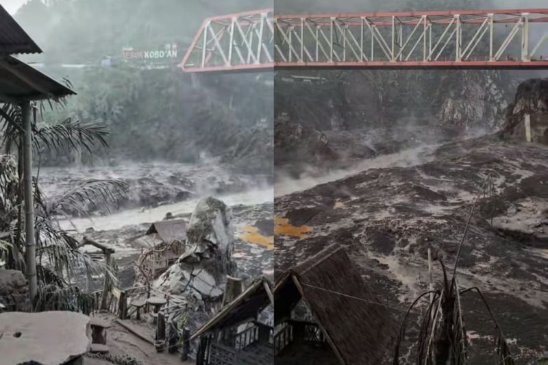 Kondisi Jembatan Besuk Koboan Lumajang, usai terkena erupsi gunung Semeru.