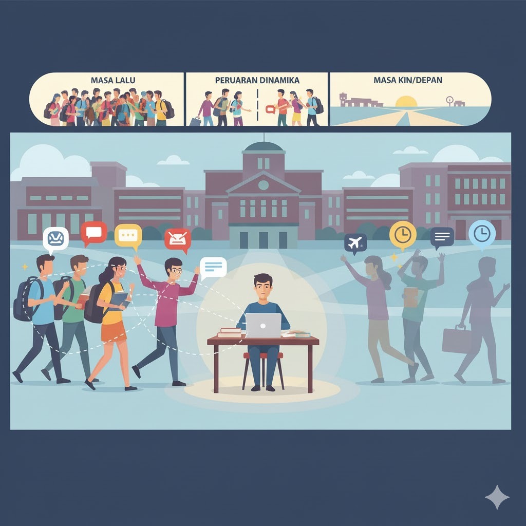 &ldquo;Ilustrasi dinamika pertemanan mahasiswa: orang datang dan pergi seiring waktu, meninggalkan pengalaman dan pelajaran berharga di dunia perkuliahan.&rdquo;