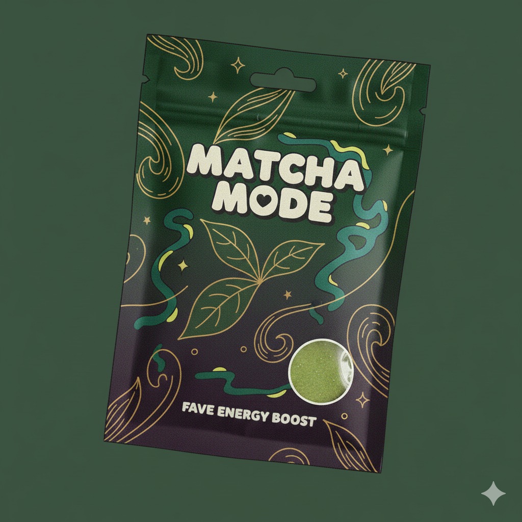 "ilustrasi matcha sachet yang praktis"
