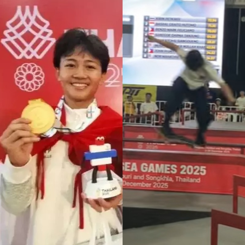 &ldquo; Aksi Basral Graito di lintasan skateboard hingga mendapatkan  emas SEA Games 2025&rdquo;  (kolase berbagai sumber)