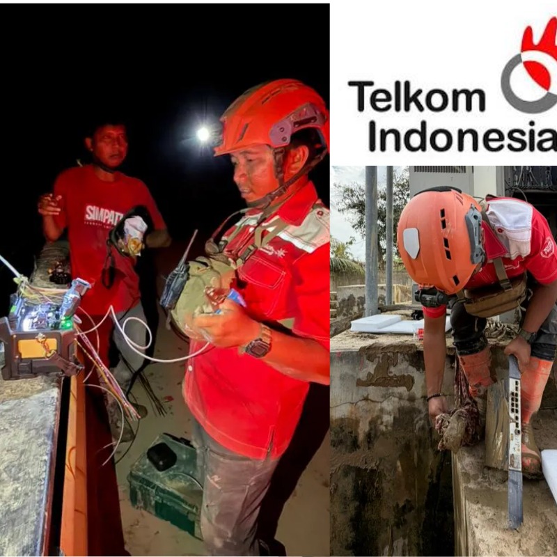 Petugas TelkomGroup melakukan pemulihan jaringan telekomunikasi di wilayah Sumatra pascabencana. (Kolase sumber resmi Telkom Indonesia)
