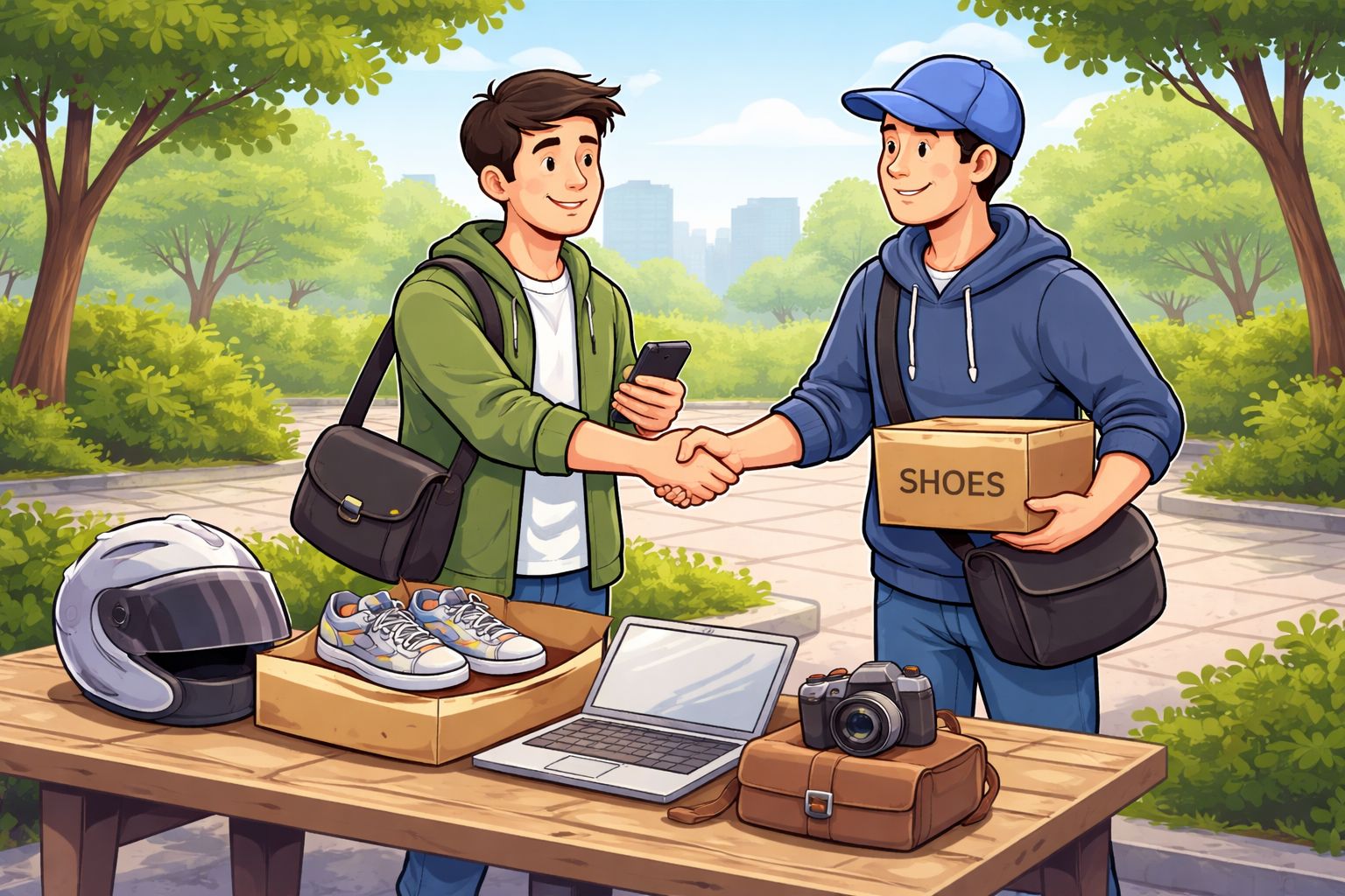 Ilustrasi pembeli dan penjual saat COD (AI)