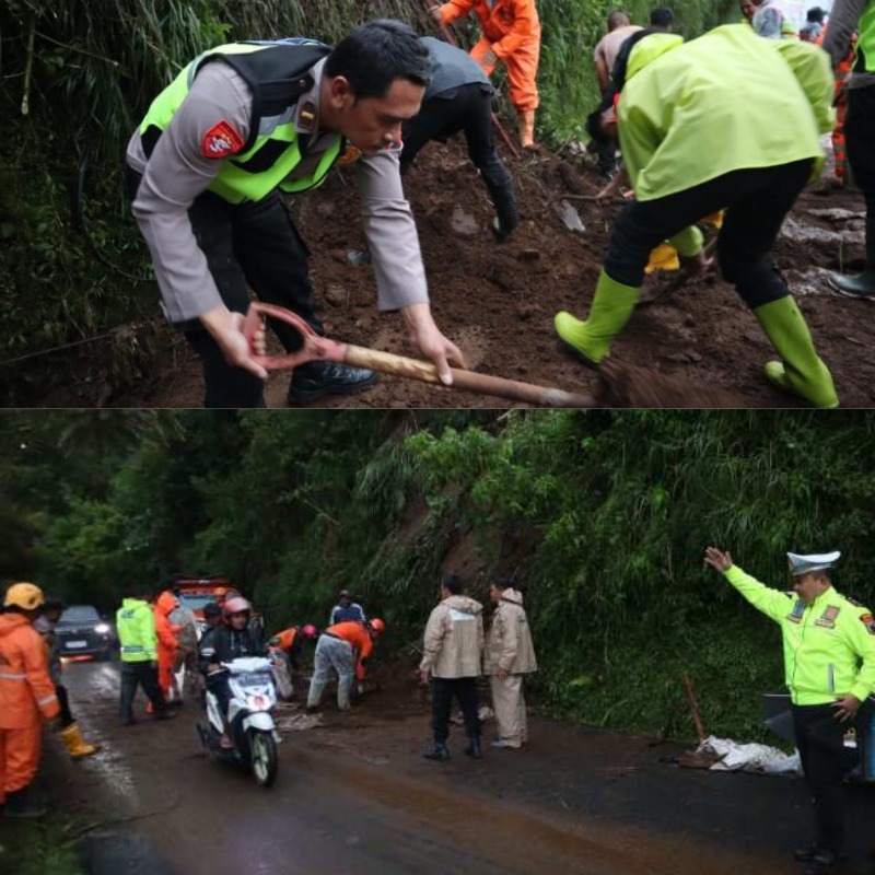 Petugas gabungan melakukan evakuasi material longsor di jalur Wonosobo&ndash;Dieng.&rdquo; (Sumber: Humas Polres Wonosobo)