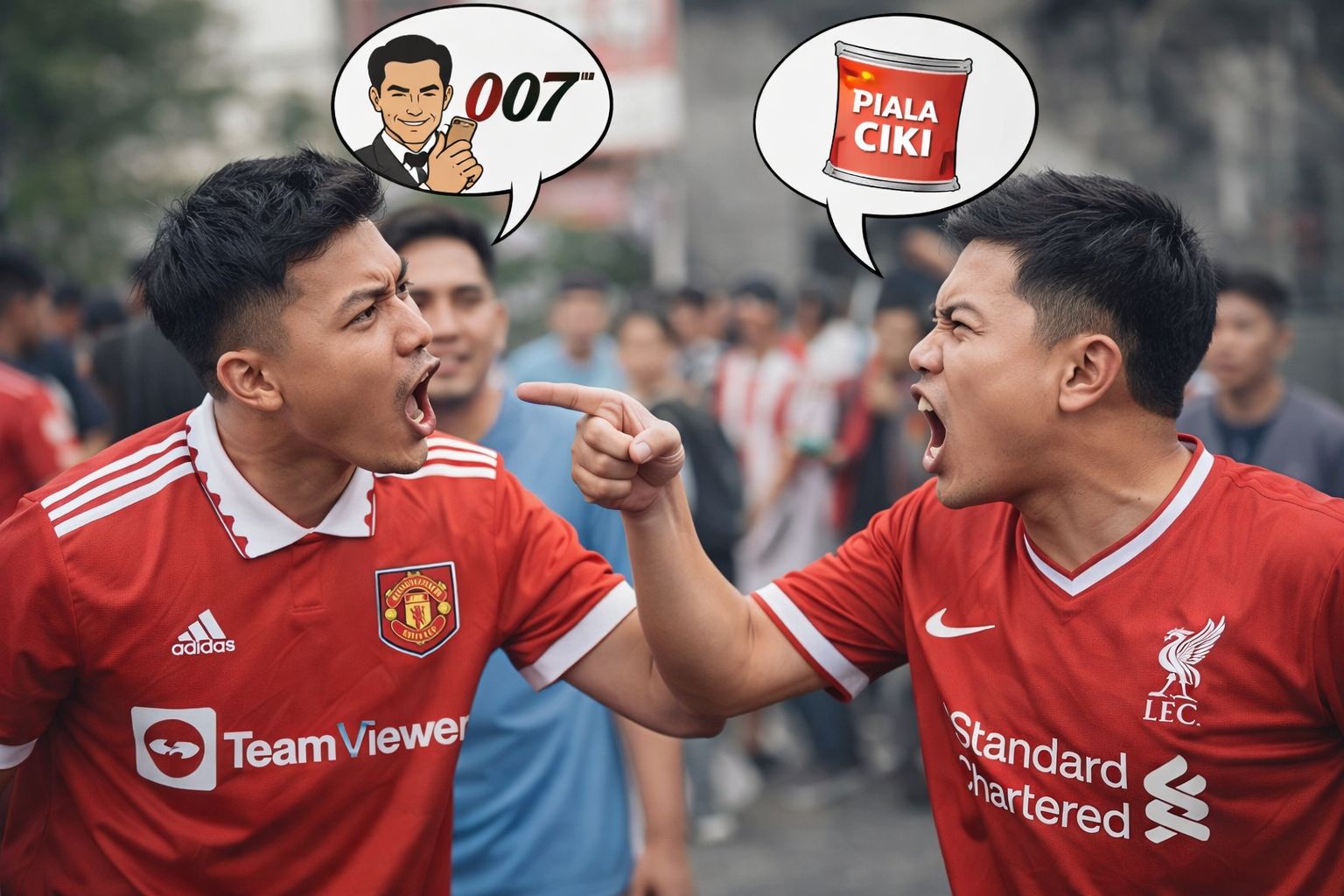 Ilustrasi penggemar emyu dan ipul yang saling adu ejek (AI)